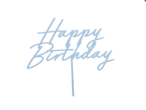 Topper akrylowy na tort Happy Birthday mglisty niebieski 16,5 cm