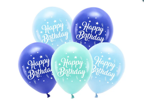 Balony Eco 26cm Happy Birthday niebieski 5szt/opak