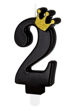 Świeczka czarna ze złotą koroną cyfra "2" 8,8cm