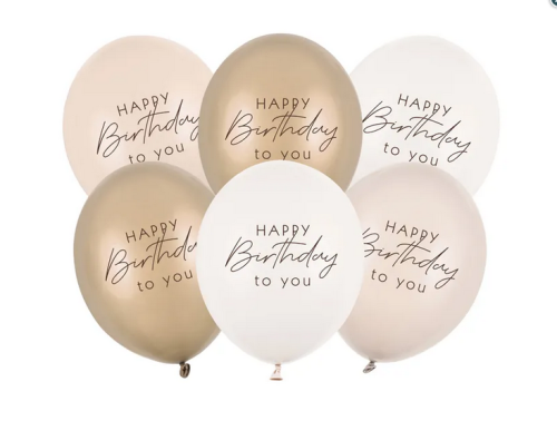 Balony 30 cm Happy Birthday mix beżowy 6szt/opak