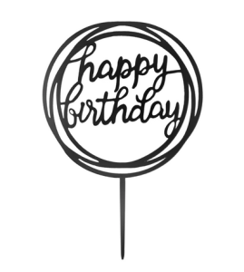 Topper na tort Happy Birthday okrągły czarny 11x17cm