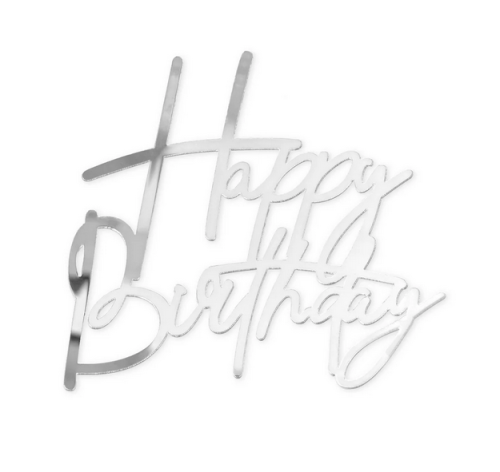 Topper na bok tortu Happy Birthday srebrny lustrzany 12,5x12cm