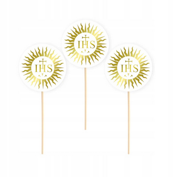 Toppery na tort komunijny IHS hostia biało-złote 6szt/opak