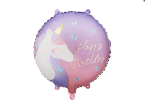 Balon foliowy pastylka Happy Birthday z jednorożcem 35x35 cm