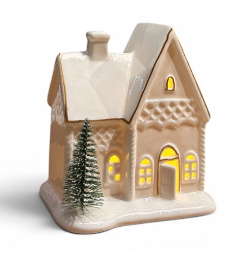 Domek ceramiczny biały z choinką 12cm