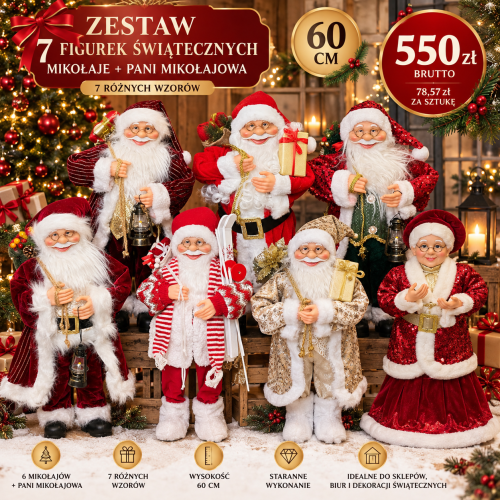 Zestaw 7 figurek świątecznych 60cm- Mix Mikołaje 