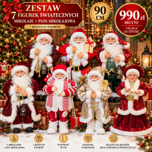 Zestaw 7 figurek świątecznych 90cm-Mix Mikołaje
