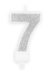 Świeczka urodzinowa Cyferka 7 w kolorze srebrnym brokatowym 7cm