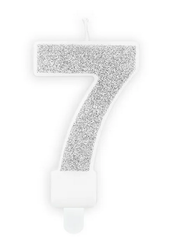 Świeczka urodzinowa Cyferka 7 w kolorze srebrnym brokatowym 7cm