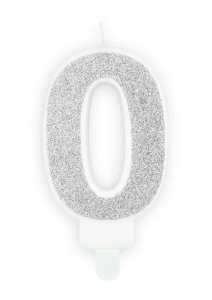 Świeczka urodzinowa Cyferka 0 w kolorze srebrnym brokatowym 7cm