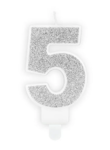 Świeczka urodzinowa Cyferka 5 w kolorze srebrnym brokatowym 7cm